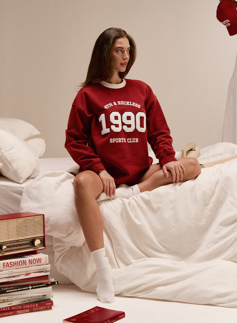 Red Contrast Trim Slogan Classic Longline Sweatshirt- Atlas