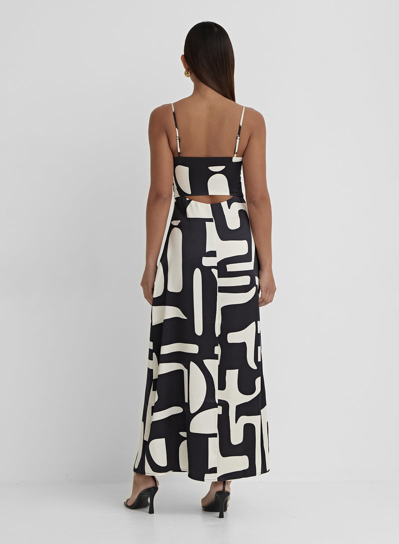 Abstract Print Satin Cut Out Detail Dress- Debora