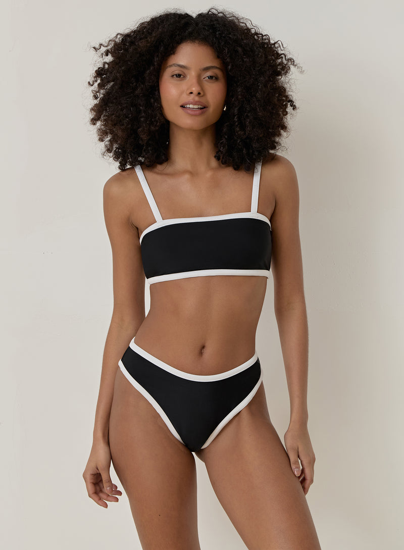 Black Contrast Trim High Leg Bikini Bottom- Cabo