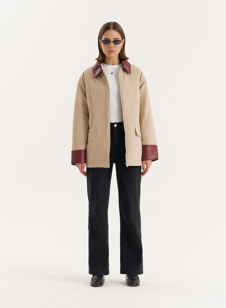 Beige Contrast Collar Barn Jacket- Jackson