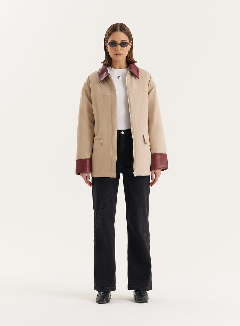 Beige Contrast Collar Barn Jacket- Jackson