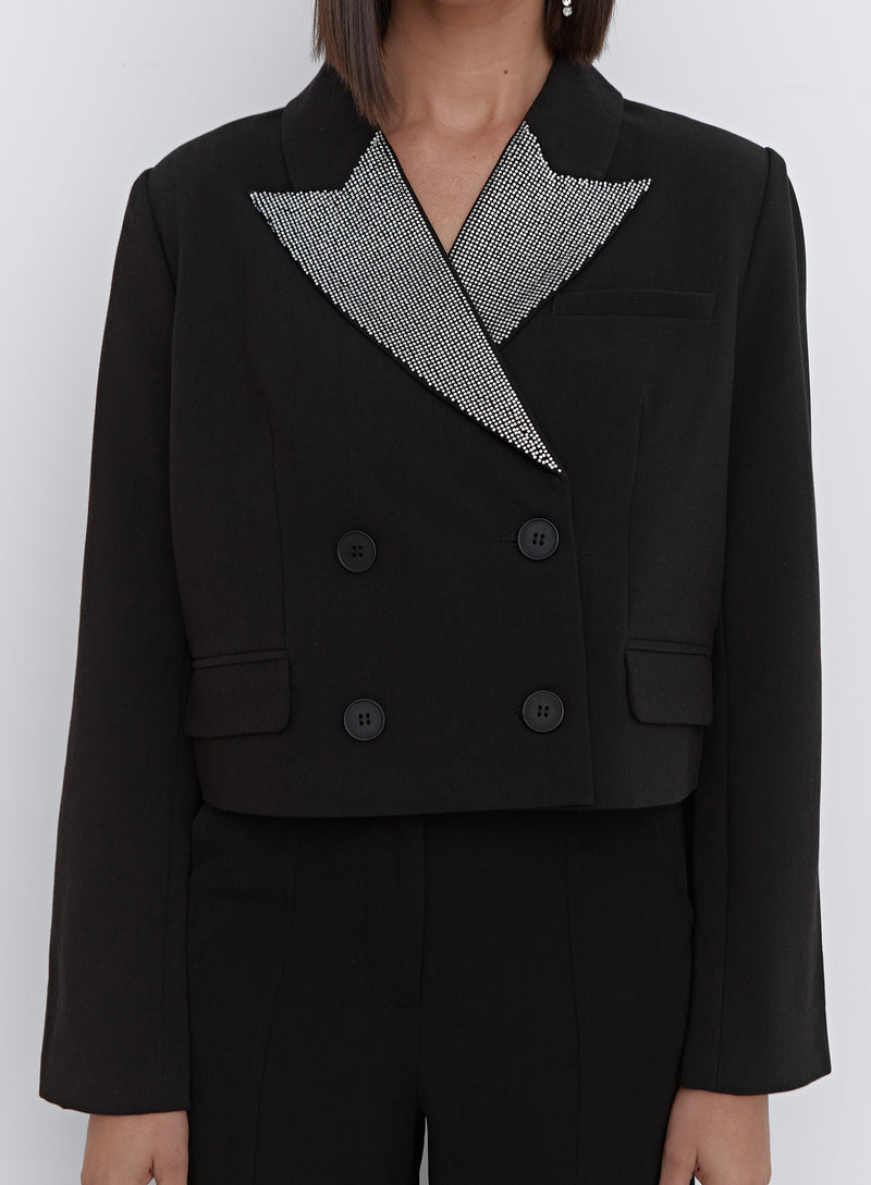 Black Diamante Collar Cropped Blazer - Tabitha