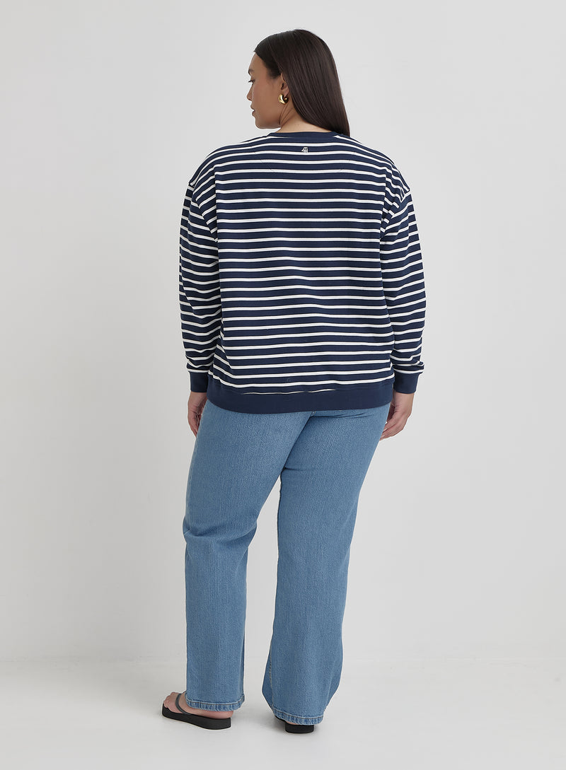 White And Navy  Plus Size Striped Paris Sweatshirt- Anni