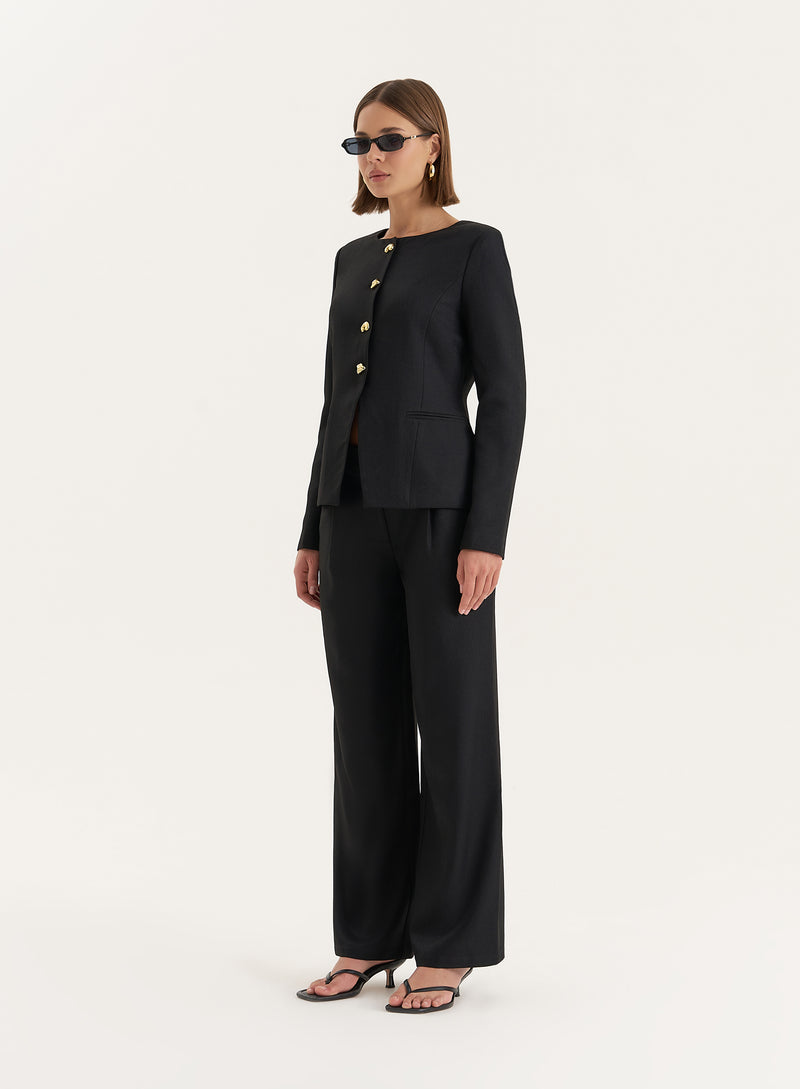 Black Tailored Gold Button Front Split Blazer- Polly