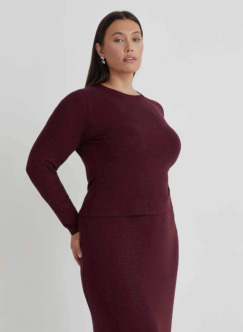 Burgundy Curve Embellished Long Sleeve Top- Indigo