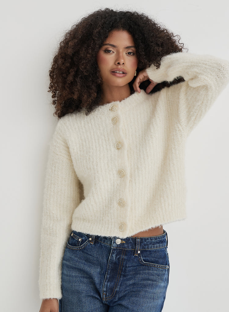 Cream Fluffy Knit Crew Neck Cardigan- Kinsley