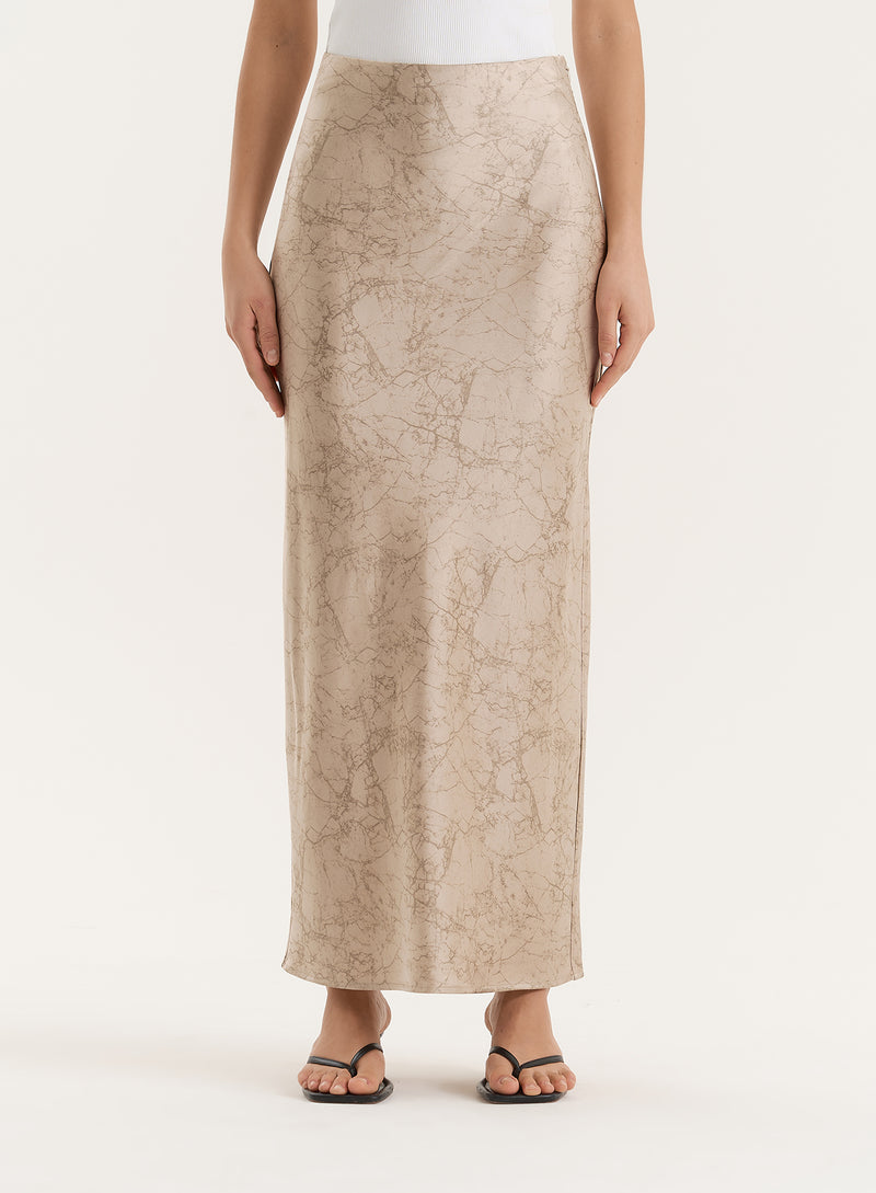 Beige Print Satin Maxi Skirt- Novah