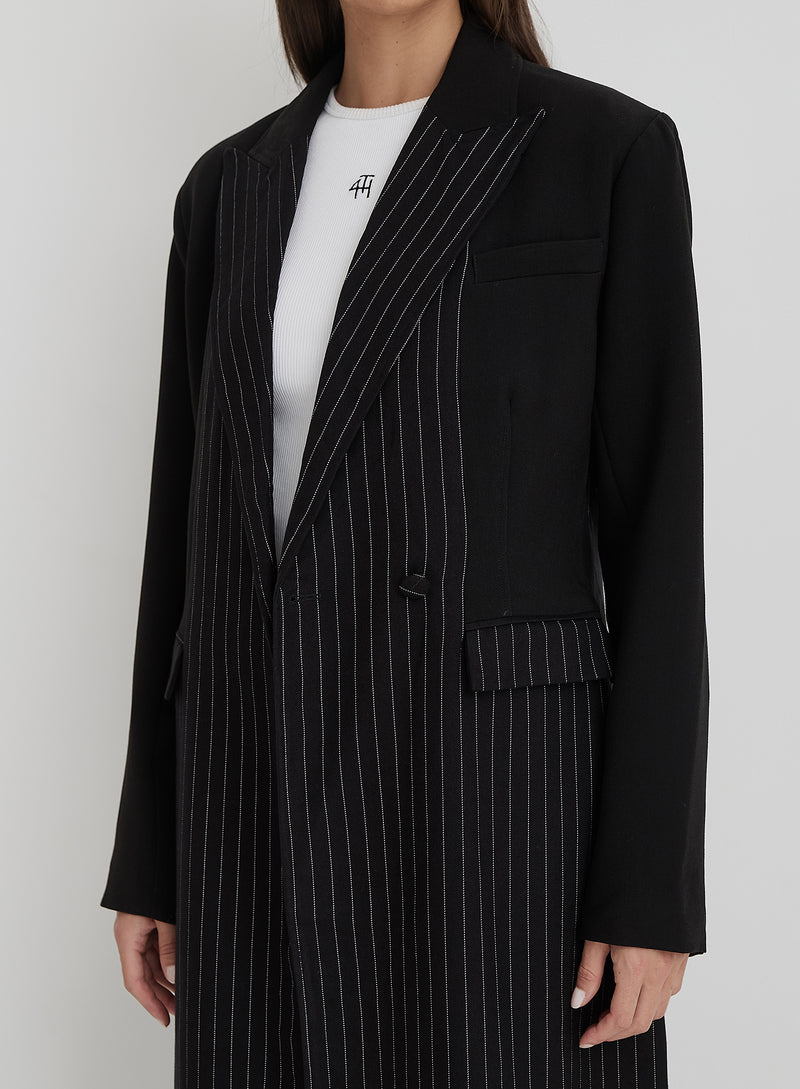 Black Pinstripe Tailored Longline Jacket - Libby