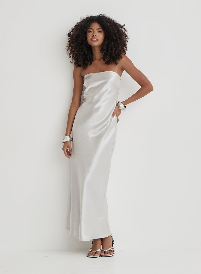 Silver Bandeau Satin Maxi Dress- Shona