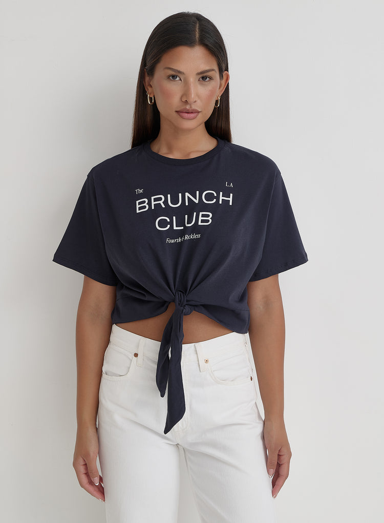 Navy Tie Front Brunch Club T-Shirt- Ellira