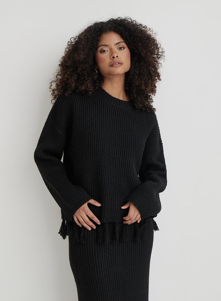 Black Oversized Tassle Trim Jumper- Fallon