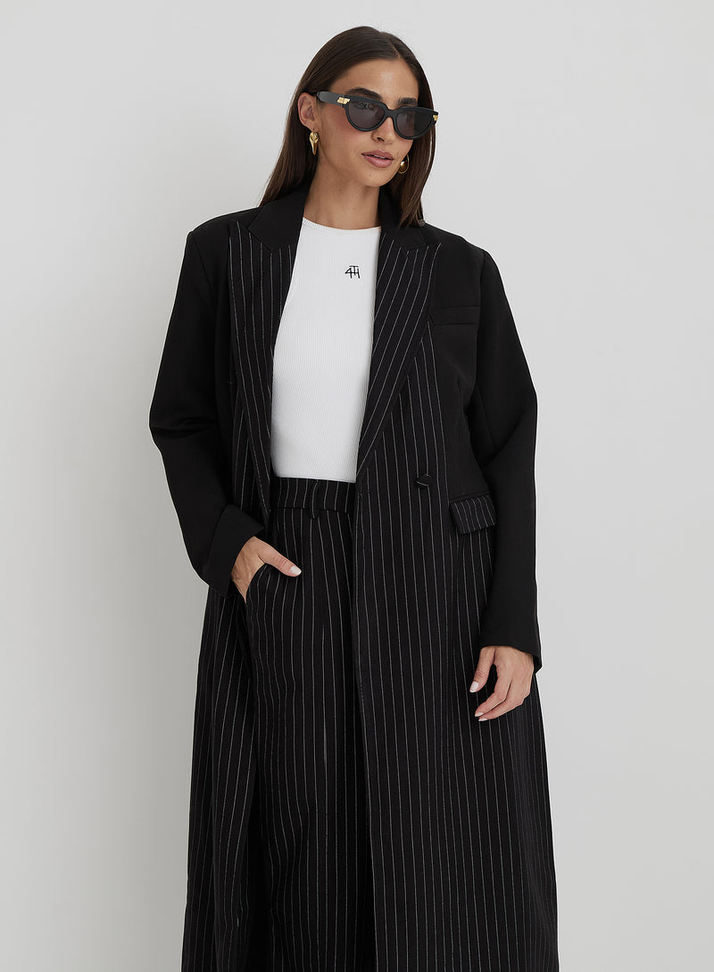 Black Pinstripe Tailored Longline Jacket - Libby