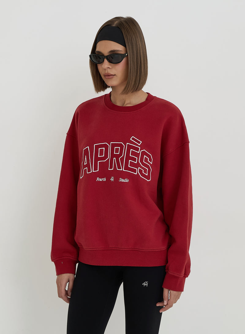 Red Embroidered Apres Slogan Oversized Sweatshirt- Freya