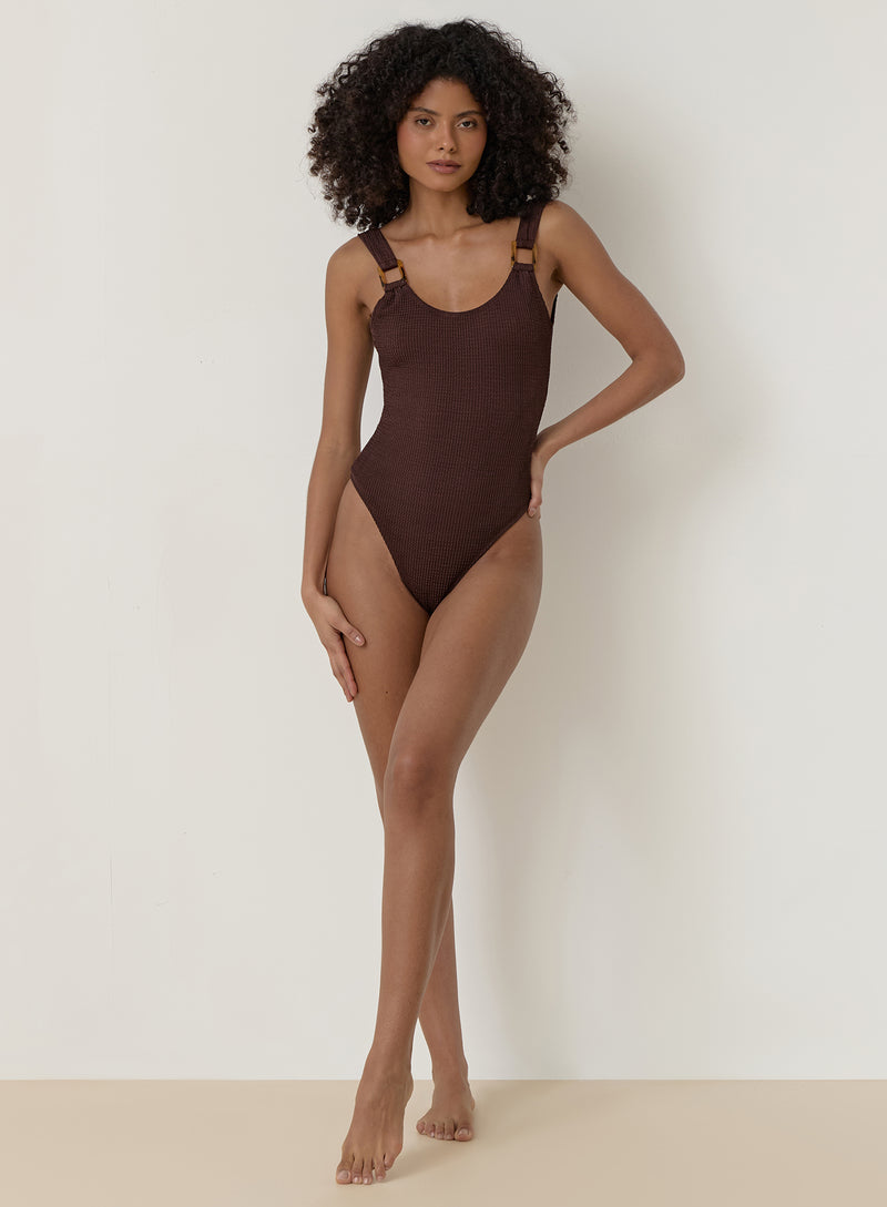 Brown Crinkle Tortoiseshell Buckle Swimsuit- Cala