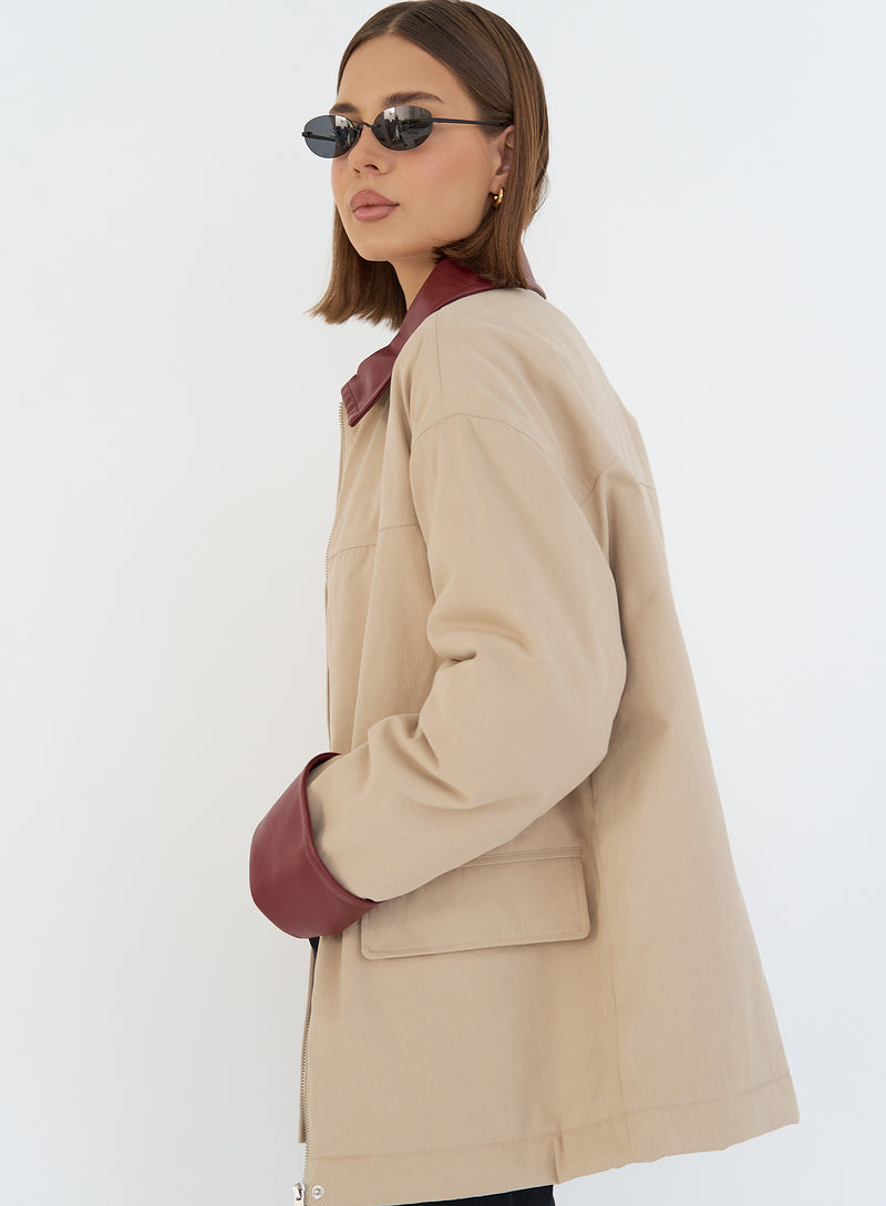 Beige Contrast Collar Barn Jacket- Jackson