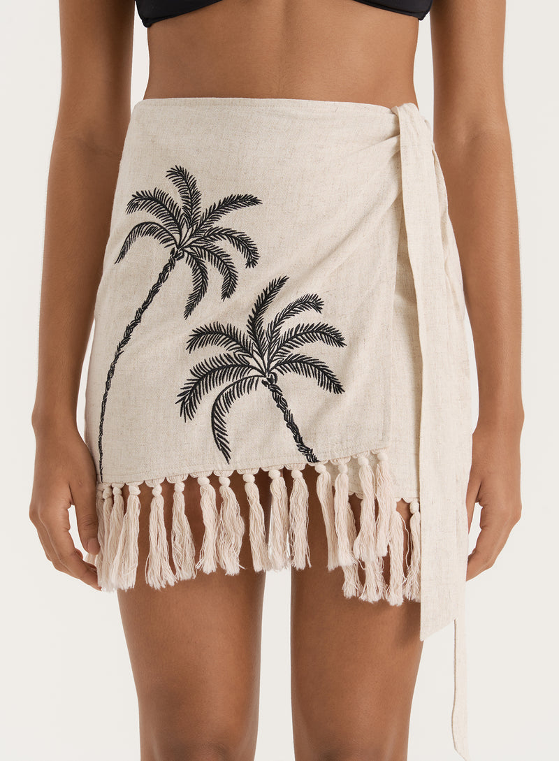 Palm Embroidery Fringe Trim Mini Skirt- Demi