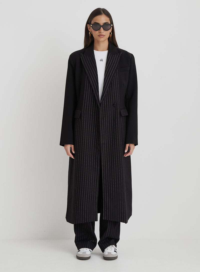 Black Pinstripe Tailored Longline Jacket - Libby