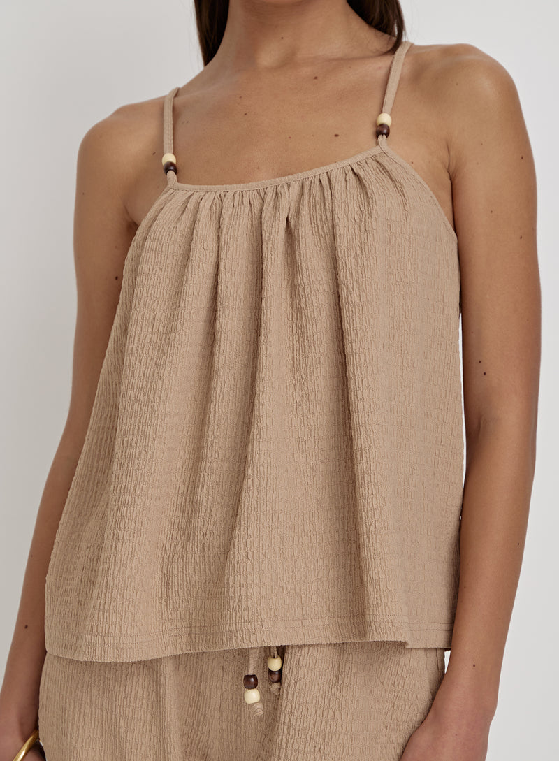 Camel Textured Beaded Cami Top- Gia