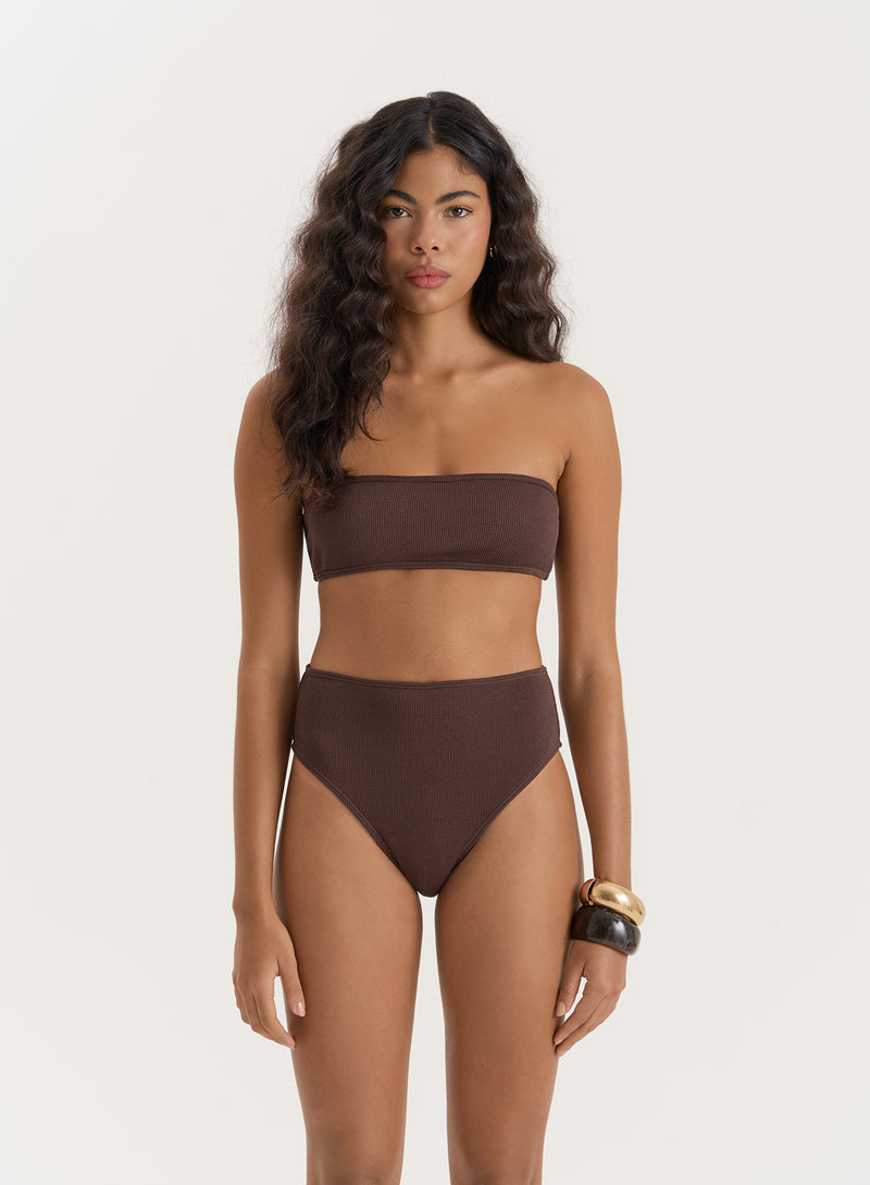 Chesnut Brown Crinkle High Waisted Bikini Bottom- Rivia