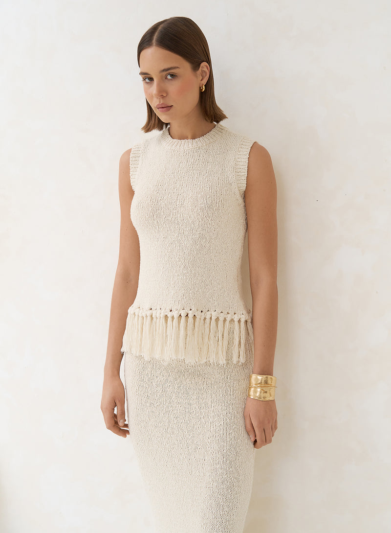 Beige Sleeveless Knitted Tassel Trim Top- Lauryn