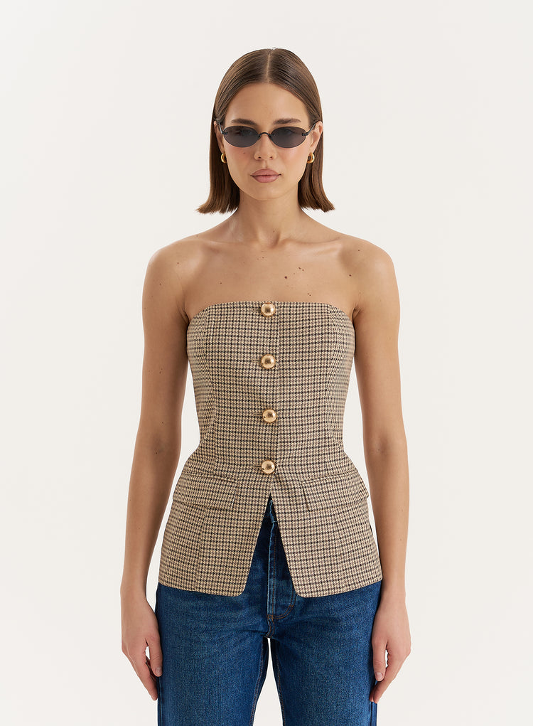 Check Print Button Front Corset- Saskia