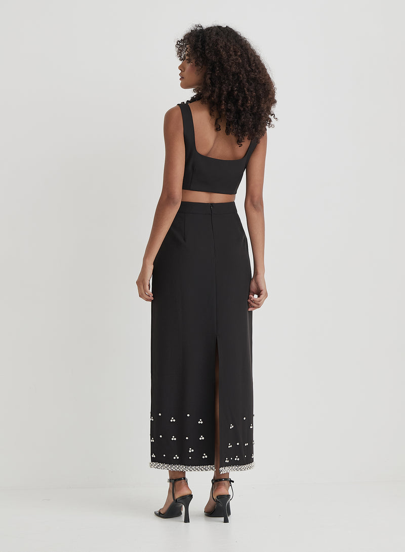 Black Embellished Trim Maxi Skirt- Sara