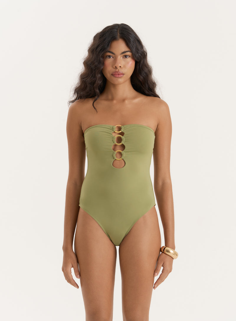 Olive Gold Ring Cut Out Bandeau Swimsuit- Nala