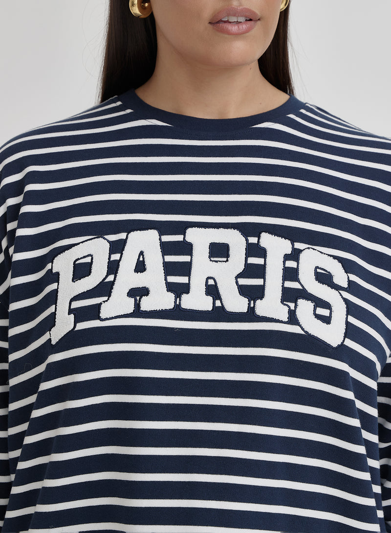 White And Navy  Plus Size Striped Paris Sweatshirt- Anni