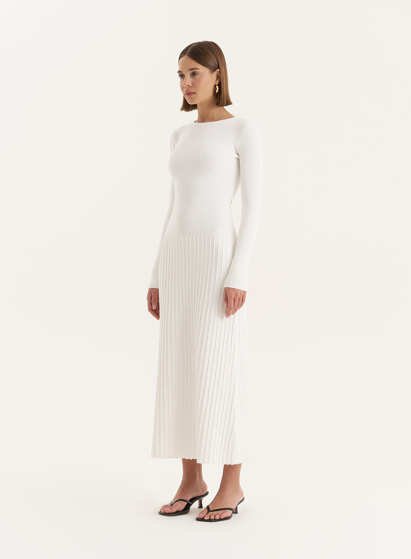 White Rib Knit Tie Back Detail Maxi Dress- Adele