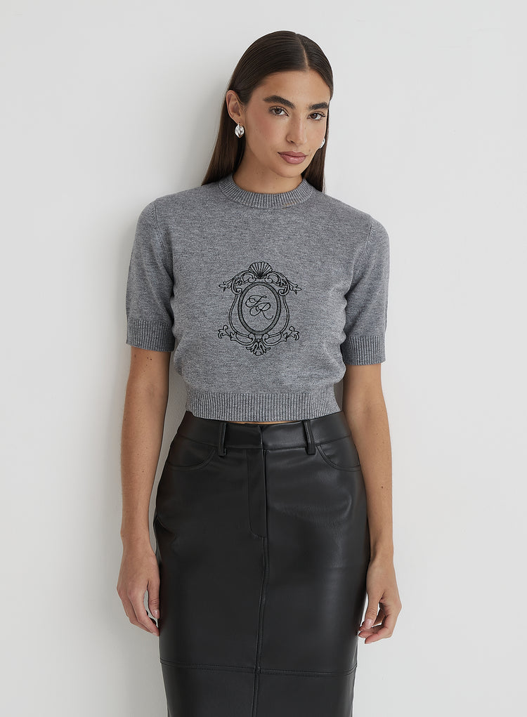 Grey Cropped Knitted Emblem Top- Kay