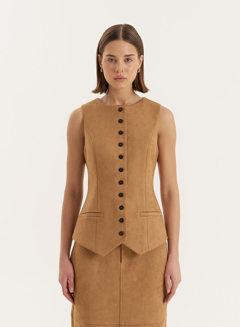 Tan Faux Suede Tailored Waistcoat- Briella