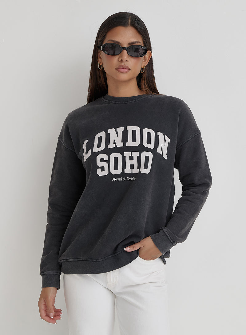 Women s Acid Wash London Slogan Classic Longline Sweatshirt London 4th Reckless