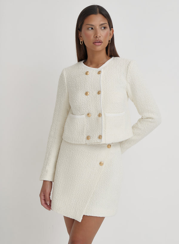 Cream Tweed Wool Mini Skirt- Layana