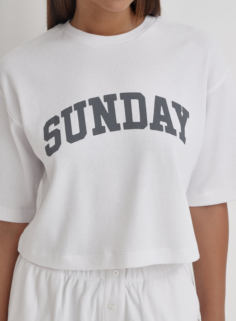 White Waffle Sunday Slogan T-Shirt- Ara