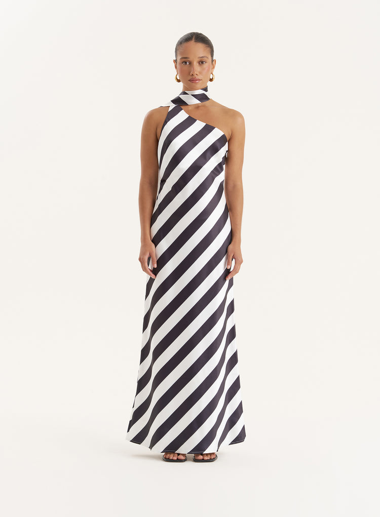 Stripe Satin One Shoulder Maxi Dress- Ellen