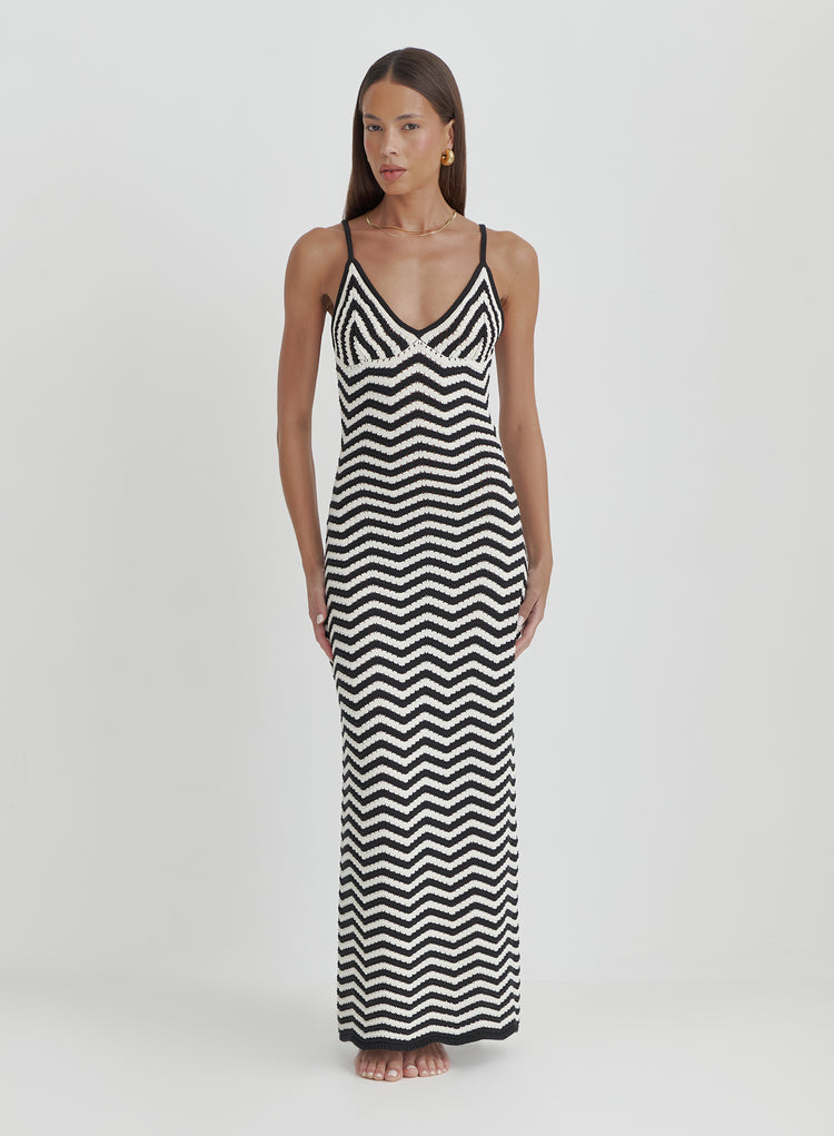 Cream And Black Stripe Knitted Maxi Dress- Yvette