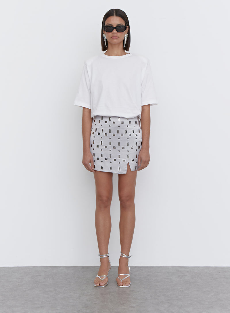 Silver Embellished Faux Leather Mini Skirt - Daphne