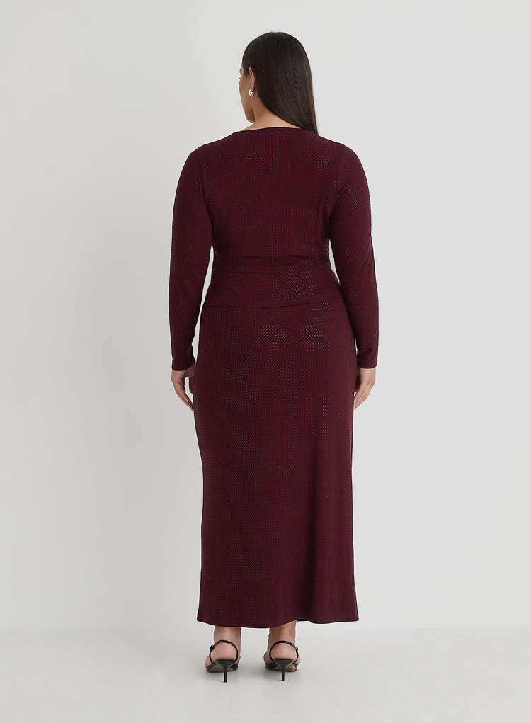 Burgundy Curve Embellished Maxi Skirt- Indigo