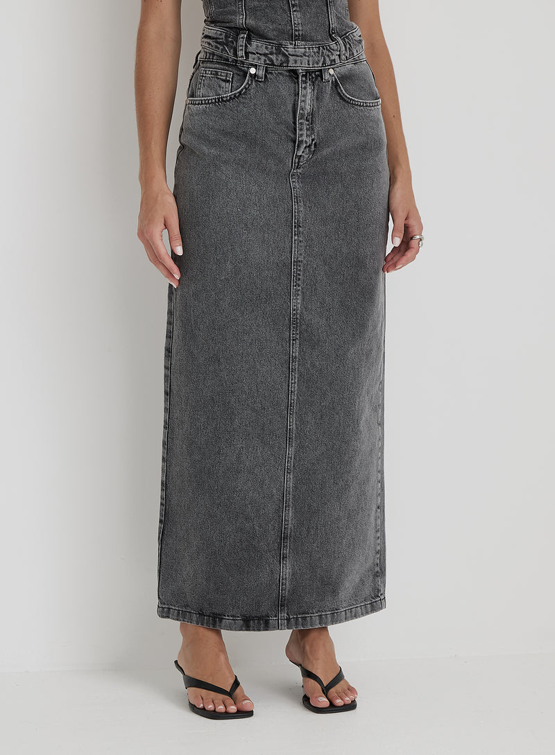 Washed Grey Denim Midaxi Skirt - Maxine