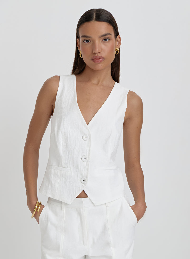 White Linen Cross Back Waistcoat- Tilde