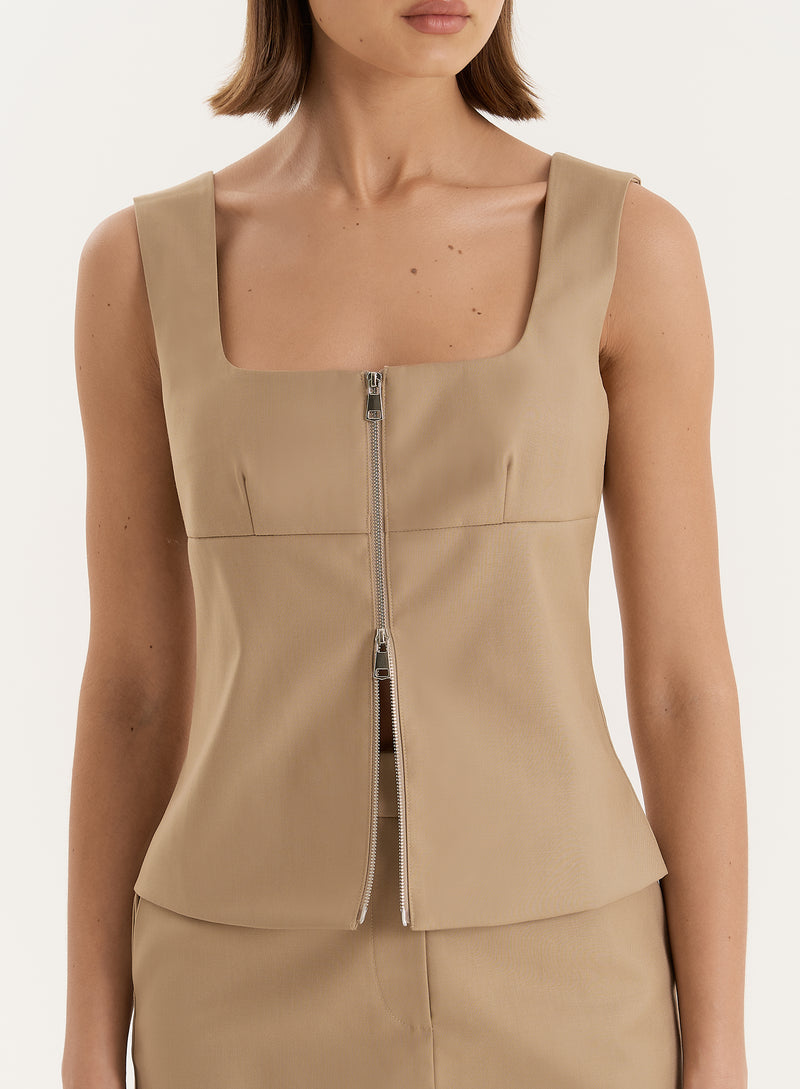 Beige Tailored Sleeveless Zip Detail Top- Terry