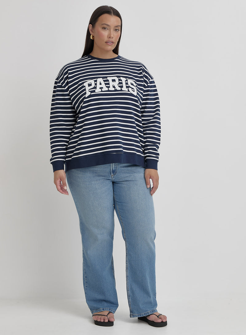 White And Plus Size Striped Paris Oversized Sweatshirt- Anni