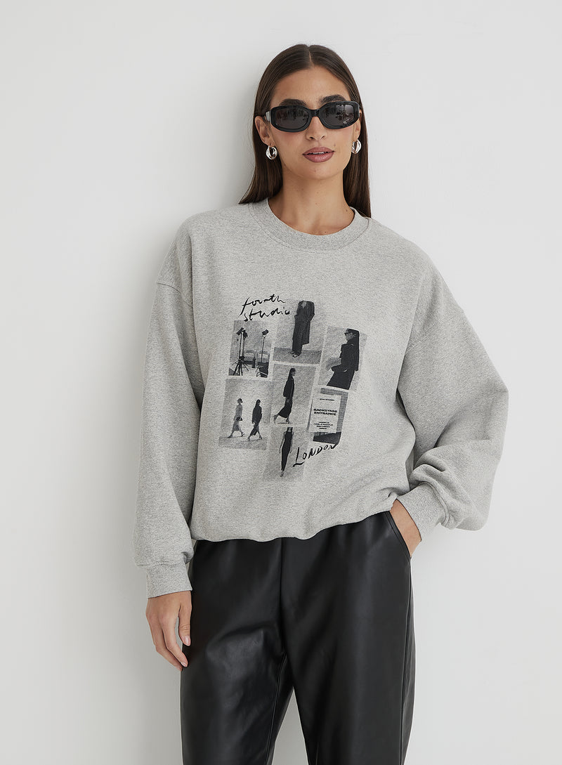 Grey Polaroid Catwalk Graphic Oversized Sweatshirt- Misha