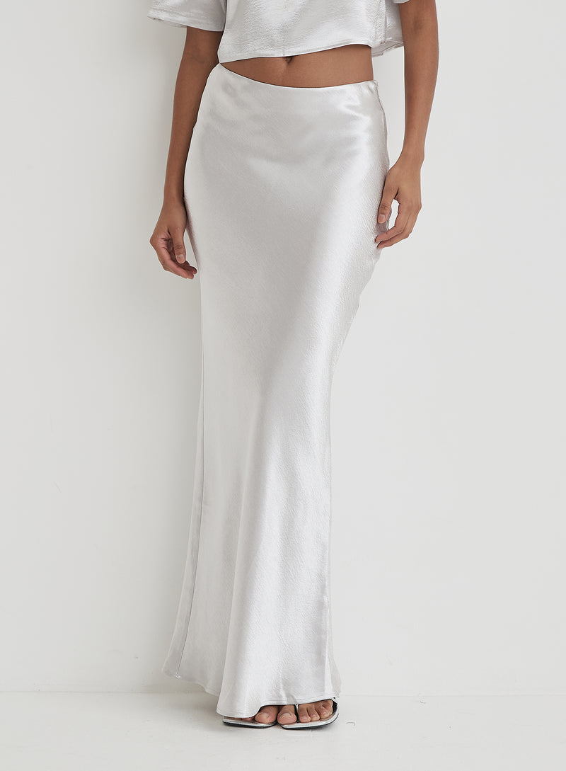 Silver Satin Maxi Skirt- Dara