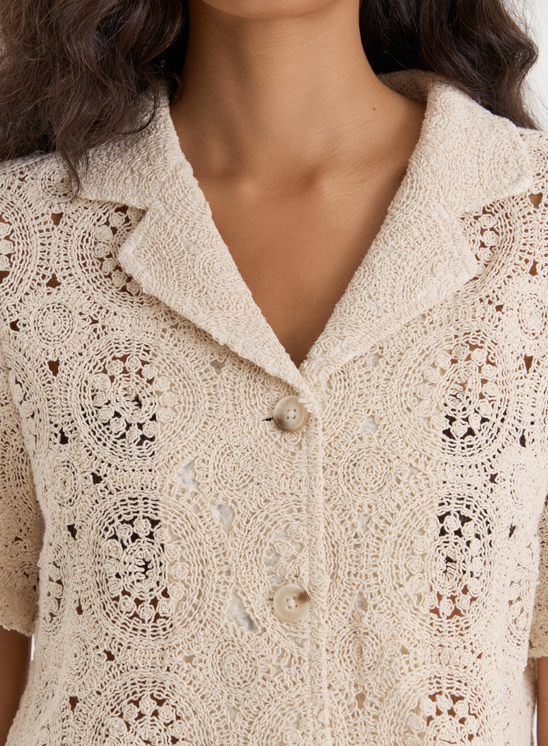 Beige Crochet Short Sleeve Shirt- Sabrina