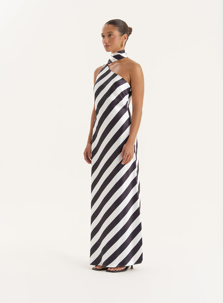 Stripe Satin One Shoulder Maxi Dress- Ellen