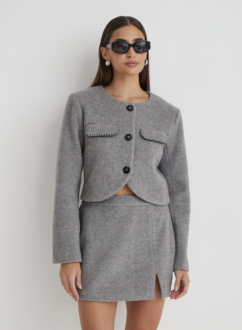 Grey Wool Contrast Pocket Cropped Jacket- Mable