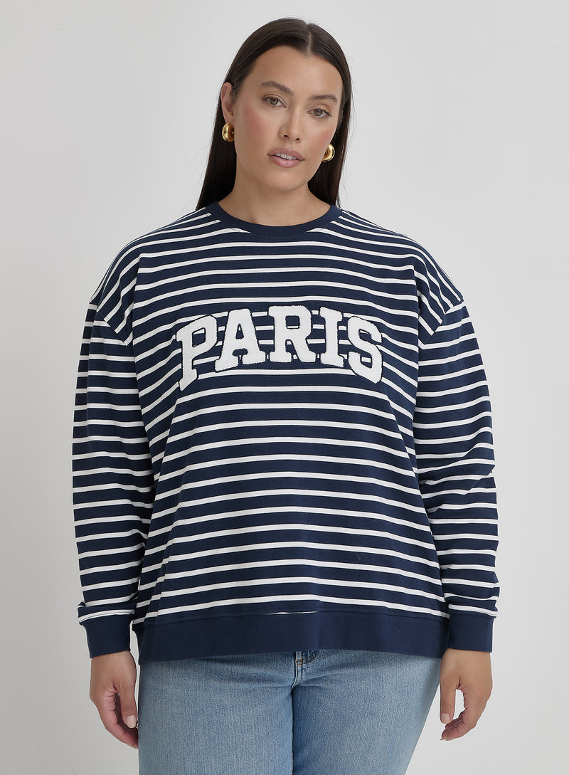 White And Plus Size Striped Paris Oversized Sweatshirt- Anni