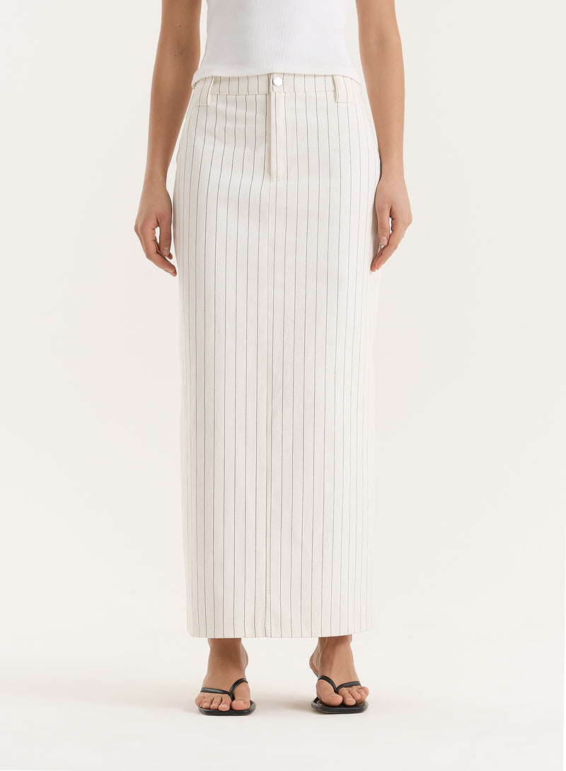 White Pinstripe Tailored Denim Maxi Skirt- Dionne