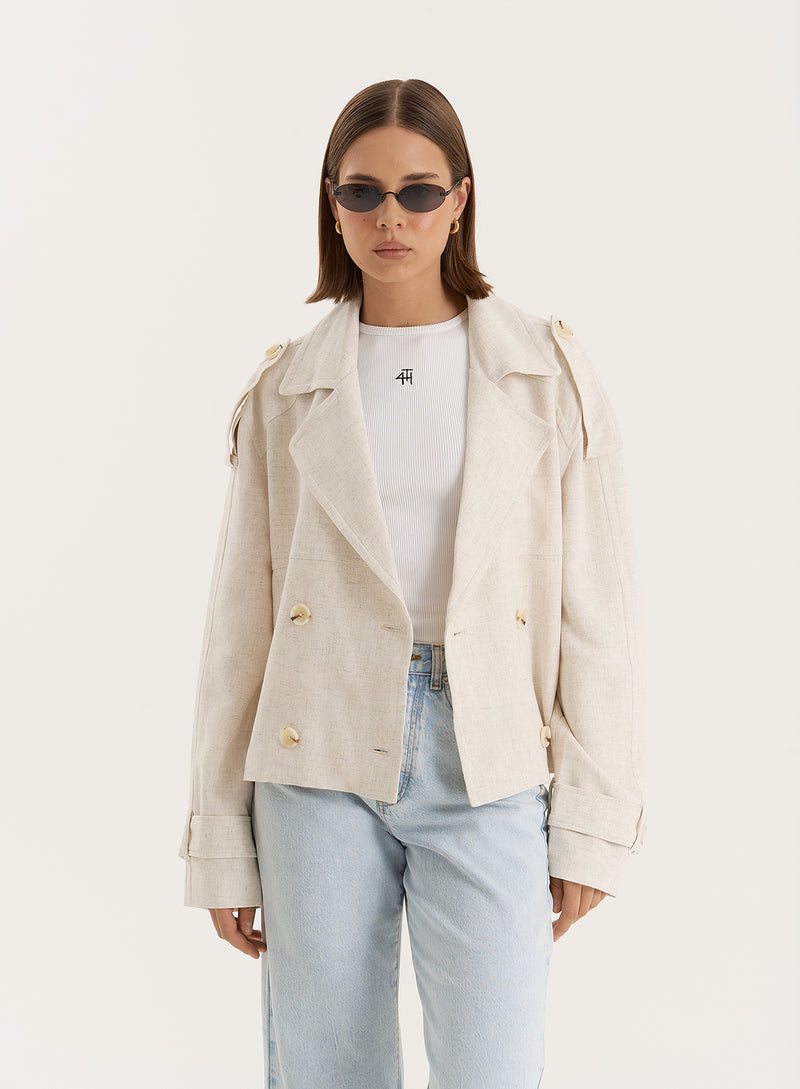 Beige Cropped Double Breasted Trench Coat- Sorrel